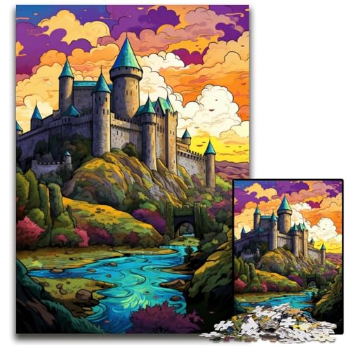 Die farbenfrohe Psychedelia der Burg Carcassonne 1000-teiliges Puzzle für Erwachsene Puzzles für Erwachsene Weihnachten Halloween Ostern Neujahr 1000 Teile (75x50cm) von CYSEHKRBL
