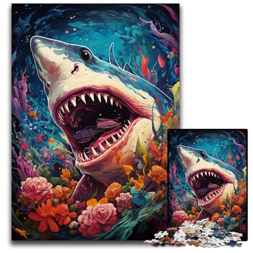 Die farbenfrohe Psychedelia der Hai-Mythologie 1000-teiliges Puzzle Papierpuzzle für Erwachsene für Reiseliebhaber und Paare anspruchsvolles Spielzeug 1000 Teile (38x26cm) von CYSEHKRBL