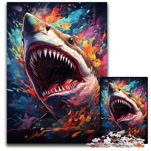 Die farbenfrohe Psychedelia der Hai-Mythologie 1000-teiliges Puzzle aus Holz anspruchsvolles Denkspiel für Teenager Spaß am Familienspielabend 1000 Teile (75x50cm) von CYSEHKRBL