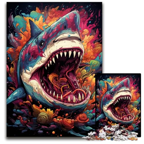 Die farbenfrohe Psychedelia der Hai-Mythologie 1000-teiliges Puzzle aus Holz anspruchsvolles Denkspiel für Teenager Spaß am Familienspielabend 1000 Teile (75x50cm) von CYSEHKRBL