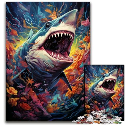 Die farbenfrohe Psychedelia der Hai-Mythologie 1000-teiliges Puzzle aus Holz für Erwachsene Spaß für die ganze Familie Gehirntraining Teenager 1000 Teile (75x50cm) von CYSEHKRBL