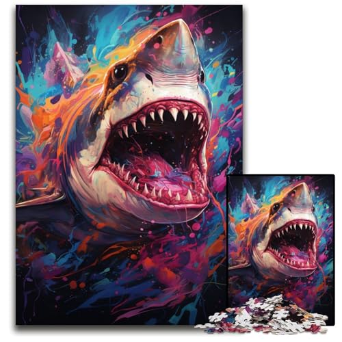 Die farbenfrohe Psychedelia der Hai-Mythologie 1000-teiliges Puzzle für Erwachsene Holzpuzzle Weihnachten Halloween Ostern Neujahr 1000 Teile (75x50cm) von CYSEHKRBL