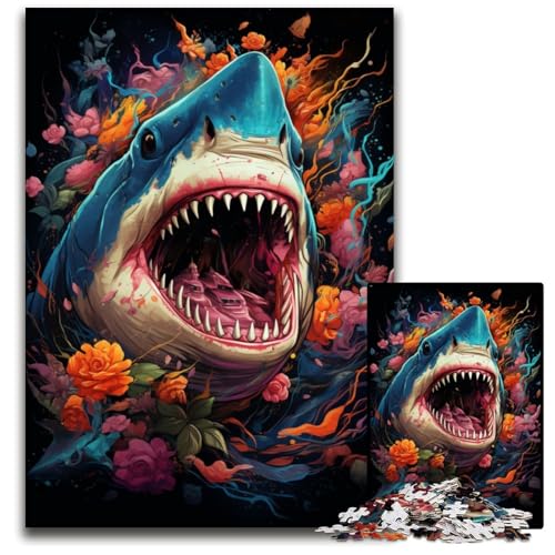 Die farbenfrohe Psychedelia der Hai-Mythologie 1000-teiliges Puzzle für Erwachsene Holzpuzzle Weihnachten Halloween Ostern Neujahr 1000 Teile (75x50cm) von CYSEHKRBL