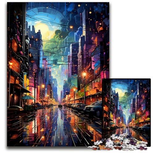 Die farbenfrohe Psychedelia der Stadt nach dem Regen 1000-teiliges Puzzle für Erwachsene Puzzles für Erwachsene Weihnachten Halloween Ostern Neujahr 1000 Teile (75x50cm) von CYSEHKRBL