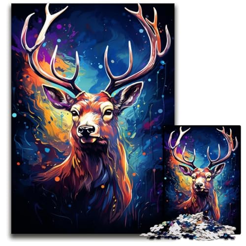Die farbenfrohe Psychedelia der Sternennacht Hirsch 1000-teiliges Puzzle für Erwachsene Puzzles für Erwachsene Weihnachten Halloween Ostern Neujahr 1000 Teile (38x26cm) von CYSEHKRBL