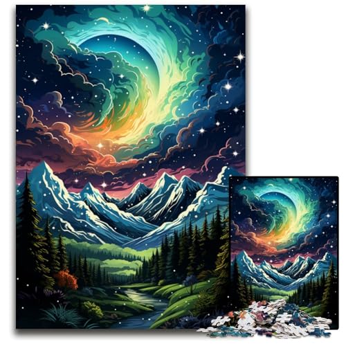 Die farbenfrohe Psychedelia des Aurora-Berges 1000-teiliges Puzzle aus Holz für Erwachsene Familienspaß Aktivität Gehirntraining Teenager 1000 Teile (75x50cm) von CYSEHKRBL