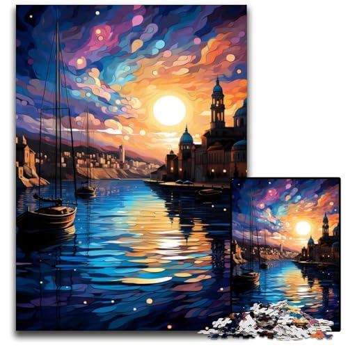 Die farbenfrohe Psychedelia des Hafens von Dubrovnik 1000-teiliges Puzzle für Erwachsene Puzzles für Erwachsene Weihnachten Halloween Ostern Neujahr 1000 Teile (38x26cm) von CYSEHKRBL