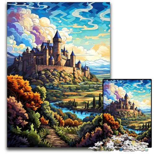 Die farbenfrohe Psychedelia des Schlosses Carcassonne 1000-teiliges Puzzle für Erwachsene Holzpuzzle Familienaktivität Denksportaufgabe Heimdekoration 1000 Teile (75x50cm) von CYSEHKRBL
