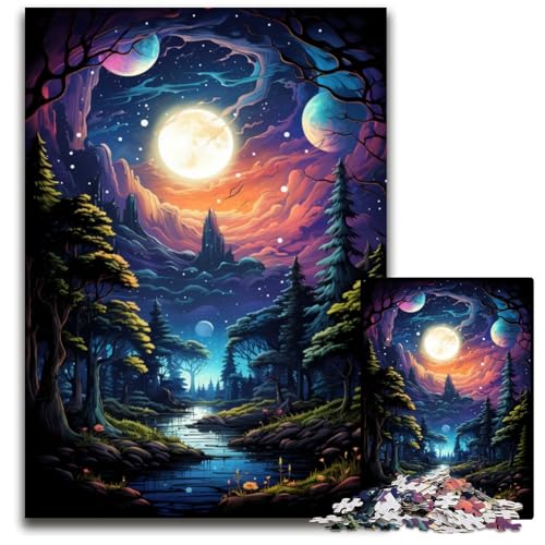 Die farbenfrohe Psychedelia des geheimnisvollen Mondes 1000-teiliges Puzzle für Erwachsene Holzpuzzle Weihnachten Halloween Ostern Neujahr 1000 Teile (75x50cm) von CYSEHKRBL