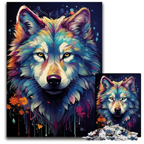 Die farbenfrohe Psychedelia des wunderschönen Wolfs. Puzzle für Erwachsene 1000 Teile Holzpuzzle für Erwachsene für Heimdekoration Gehirntraining 1000 Teile (75x50cm) von CYSEHKRBL