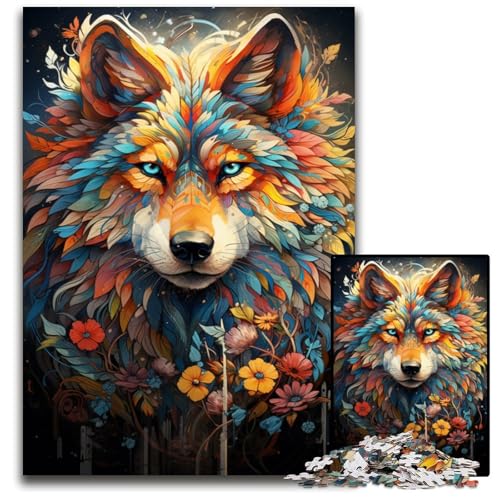 Die farbenfrohe Psychedelia von Flower Wolf 1000-teiliges Puzzle für Erwachsene Holzpuzzle Weihnachten Halloween Ostern Neujahr 1000 Teile (75x50cm) von CYSEHKRBL