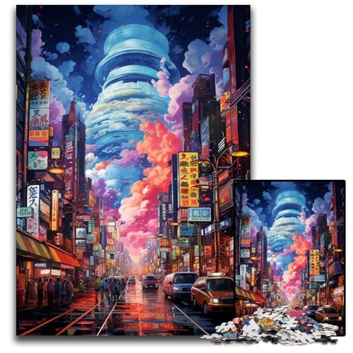 Die farbenfrohe Psychedelia von Shibuya Yokocho 1000-teiliges Puzzle aus Holz für Erwachsene Familienspaß Aktivität Gehirntraining Teenager 1000 Teile (75x50cm) von CYSEHKRBL