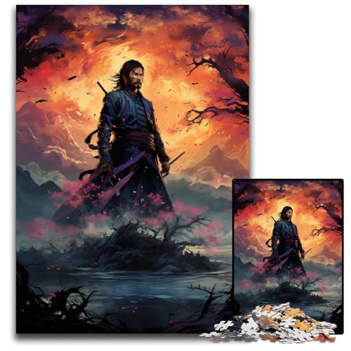 Die farbenfrohe Psychedelia von Sunset Samurai 1000-teiliges Puzzle für Erwachsene Holzpuzzle Weihnachten Halloween Ostern Neujahr 1000 Teile (75x50cm) von CYSEHKRBL