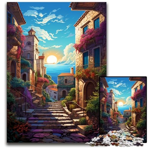 Die farbenfrohe Psychedelie der Altstadt von Dubrovnik 1000-teiliges Puzzle Holzpuzzle für Erwachsene für Reiseliebhaber und Paare anspruchsvolles Spielzeug 1000 Teile (75x50cm) von CYSEHKRBL