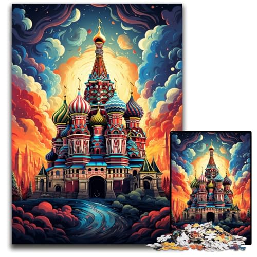 Die farbenfrohe Psychedelie der Basilius-Kathedrale 1000-teiliges Puzzle für Erwachsene Holzpuzzle Weihnachten Halloween Ostern Neujahr 1000 Teile (75x50cm) von CYSEHKRBL