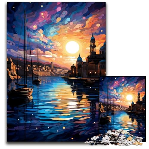 Die farbenfrohe Psychedelie des Hafens von Dubrovnik 1000-teiliges Puzzle Holzpuzzle für Erwachsene für Reiseliebhaber und Paare anspruchsvolles Spielzeug 1000 Teile (75x50cm) von CYSEHKRBL