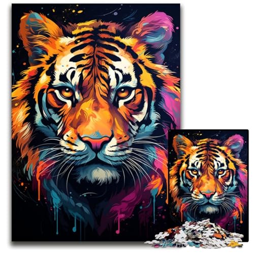 Gemälde eines Wilden bunten Tigers Puzzle 1000 Teile für Erwachsene Holzpuzzle Denkspiel für Teenager und Familieninteraktion 1000 PCS (75 x 50 cm) von CYSEHKRBL
