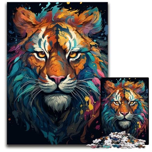 Gemälde eines Wilden bunten Tigers Puzzle 1000 Teile für Erwachsene Holzpuzzle Eltern Liebhaber Freunde Alter 1000 PCS (75 x 50 cm) von CYSEHKRBL