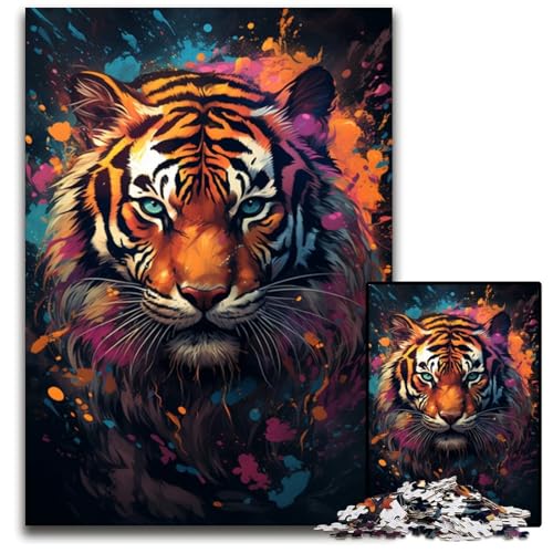 Gemälde eines bunten Tigers Puzzle für Erwachsene 1000 Puzzles für Erwachsene für Reiseliebhaber und Paare anspruchsvolles Spielzeug 1000 Teile (75 x 50 cm) von CYSEHKRBL