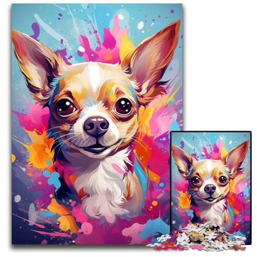 Malen Bunte Chihuahua-Hundekunst Puzzle für Erwachsene 1000 Teile Holzpuzzle für Erwachsene interaktives Familienspiel DIY Heimdekoration Gehirn-Herausforderung Geschenk 1000 PCS (75 x 50 cm) von CYSEHKRBL