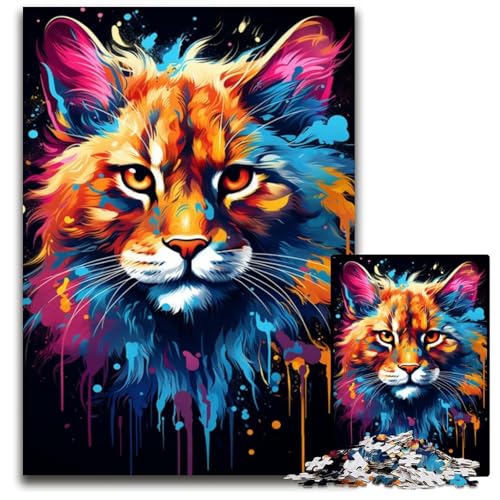 Olorful Psychedelic of A Bobcat Tuschemalerei 1000-teiliges Puzzle Unmögliches Puzzle für Erwachsene Denksportaufgabe Spiel für Erwachsene Interaktive Familienaktivität 1000 PCS (38x26cm) von CYSEHKRBL