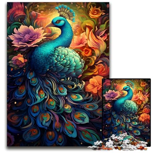 Pfau unter Blumen 1000-teiliges Puzzle unmögliches Puzzle für Erwachsene Denksportaufgabe Spiel für Erwachsene interaktive Familienaktivität 1000 Teile (75 x 50 cm) von CYSEHKRBL