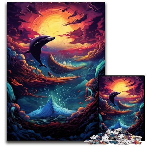Psychedelische Farbdelfin-Puzzles für 1000 Teile Holzpuzzles perfekt für Teenager und Sammler ideale Heimdekoration und Reisegeschenk 1000 Teile (75 x 50 cm) von CYSEHKRBL