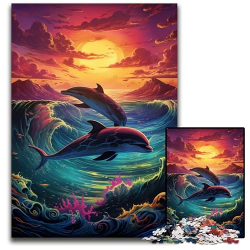 Psychedelische Farbdelfin-Puzzles für Erwachsene 1000-teiliges Papierpuzzle Weihnachten Halloween Ostern Neujahr 1000 PCS (38 x 26 cm) von CYSEHKRBL