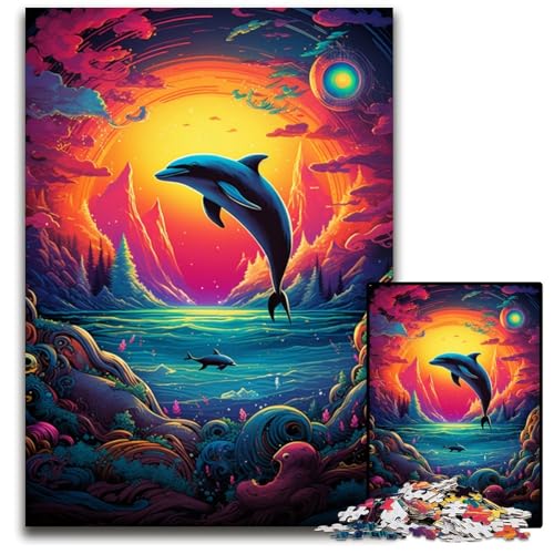 Psychedelisches Farbdelfin-Puzzle 1000 Teile für Erwachsene Holzpuzzle Eltern Liebhaber Freunde Alter 1000 PCS (75 x 50 cm) von CYSEHKRBL