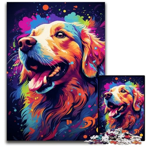 Puzzle 1000 Teile für Erwachsene Malen Bunte Golden Retriever-Holzpuzzles perfekt für Geburtstags- Weihnachts 1000 PCS (75 x 50 cm) von CYSEHKRBL