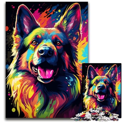Puzzle 1000 Teile für Erwachsene Malen bunter Deutscher Schäferhund Holzpuzzle entspannende Unterhaltung Heimdekoration 1000 Teile (75 x 50 cm) von CYSEHKRBL