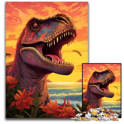 Puzzle für Erwachsene 1000 Teile Tyrannosaurus Rex und Sonnenuntergang am Ozean pädagogisches Denkspiel künstlerische Heim- und Bürodekoration Alter 1000 PCS (38x26cm) von CYSEHKRBL