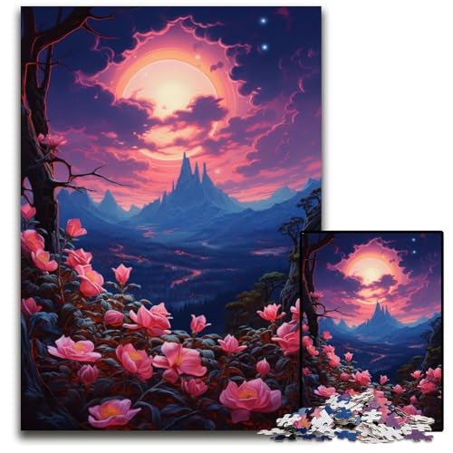 Puzzle für Erwachsene 1000 Teile rosa Blumen unter dem Mond Holzpuzzle Gehirn-Herausforderung Geschenk pädagogische Aktivität für Teenager 1000 Teile (75 x 50 cm) von CYSEHKRBL