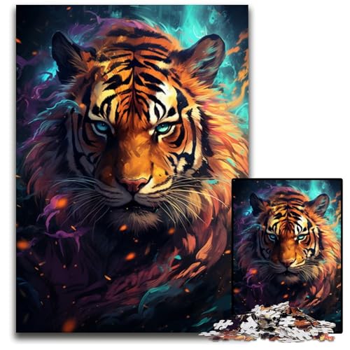 Puzzle mit 1000 Teilen für Erwachsene Gemälde eines Wilden bunten Tigers Holzpuzzle perfekt als Geburtstags- Weihnachts 1000 Teile (75 x 50 cm) von CYSEHKRBL