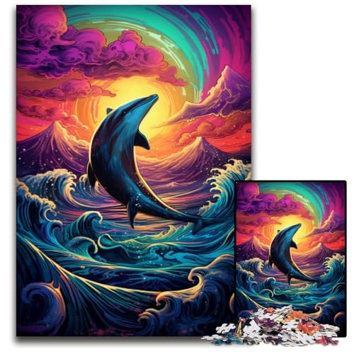 Puzzle mit 1000 Teilen für Erwachsene Psychedelischer Farbdelfin Holzpuzzle entspannende Unterhaltung Heimdekoration 1000 Teile (75 x 50 cm) von CYSEHKRBL
