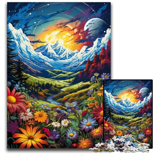 Puzzle mit 1000 Teilen für Erwachsene Wildblumenfelder unter den Bergen Denkspiel für Teenager 1000 Teile (75x50cm) von CYSEHKRBL