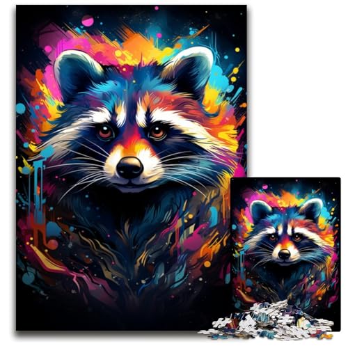 Puzzles für 1000 Teile Malerei Bunte Waschbärkunst Holzpuzzles perfekt für Familienspaß an Weihnachten Thanksgiving Geburtstagen und Ostern 1000 Teile (75 x 50 cm) von CYSEHKRBL