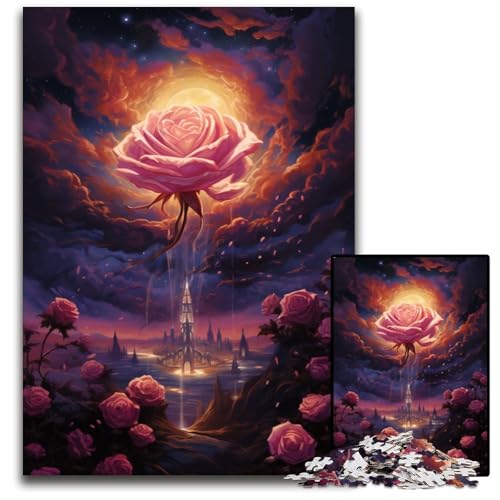 Rosa Blumen unter dem Mond Puzzle 1000 Teile für Erwachsene Holzpuzzle perfekt für Familienfeiern Geburtstage Feiertage 1000 Teile (75 x 50 cm) von CYSEHKRBL