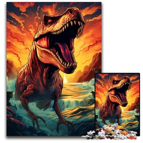 Tyrannosaurus Rex und Sonnenuntergang am Ozean 1000-teiliges Puzzle für Erwachsene Puzzles für Erwachsene Weihnachten Halloween Ostern Neujahr 1000 Teile (38x26cm) von CYSEHKRBL