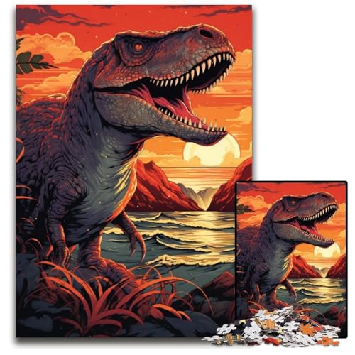 Tyrannosaurus Rex und Sonnenuntergang am Ozean 1000-teiliges Puzzle für Erwachsene Puzzles für Erwachsene Weihnachten Halloween Ostern Neujahr 1000 Teile (38x26cm) von CYSEHKRBL