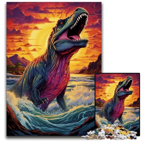 Tyrannosaurus Rex und Sonnenuntergang am Ozean 1000-teiliges Puzzle für Erwachsene Puzzles für Erwachsene Weihnachten Halloween Ostern Neujahr 1000 Teile (75x50cm) von CYSEHKRBL