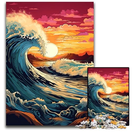 Wellen unter Sonnenuntergang 1000-teiliges Puzzle aus Holz anspruchsvolles Denkspiel für Teenager Spaß am Familienspielabend 1000 Teile (75x50cm) von CYSEHKRBL