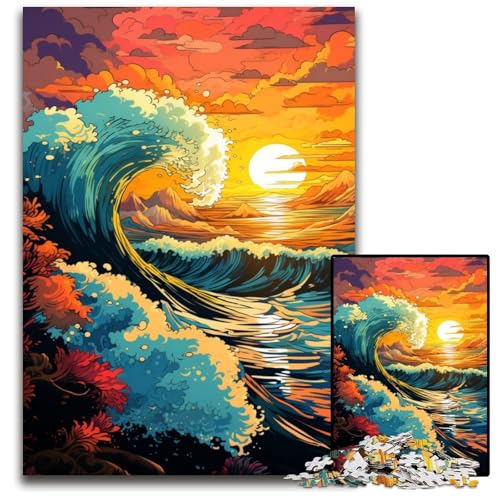 Wellen unter Sonnenuntergang 1000-teiliges Puzzle für Erwachsene Holzpuzzle für Erwachsene Familienaktivität DIY Heimdekoration 1000 Teile (75x50cm) von CYSEHKRBL