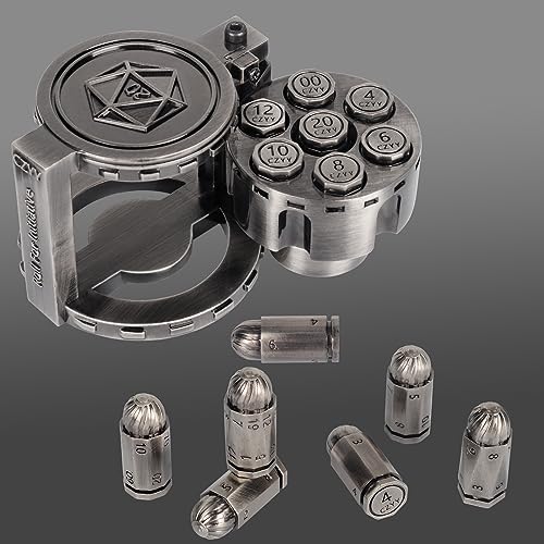 Polyedrische Würfel-Set aus Metall, mit drehbarem Revolver-Zylinderbehälter, Cyberpunk-Würfel für D&D, Sci-Fi, Krieg oder Kriminalität, Tischspiele (Silber) von CZYY