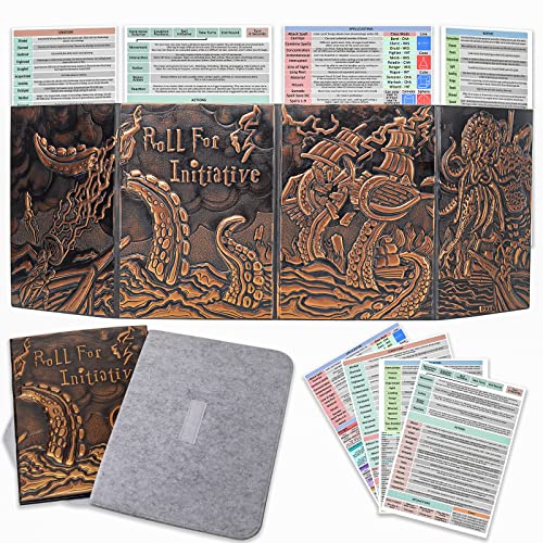 DND Dungeon Master Screen Four-Panel mit Taschen, Kunstleder, 3D-Prägung mit Cthulhu – inklusive DM-Bildschirmeinlagen und Aufbewahrungsbox von CZYY