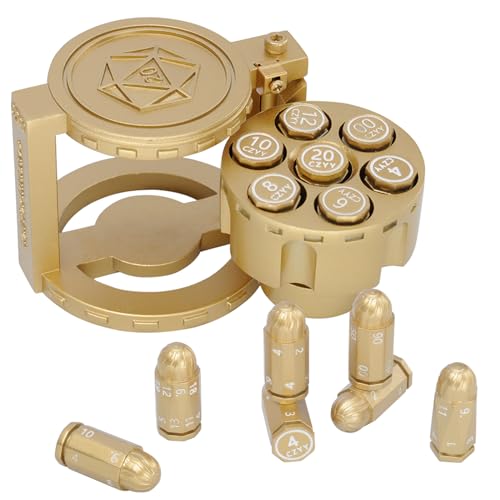 Polyedrische Würfel aus Metall, 7 Stück, mit drehbarem Revolver-Zylinder-Behälter, Cyberpunk-Würfel für D&D, Sci-Fi, Krieg oder Kriminalität, Tischspiele (Gold) von CZYY