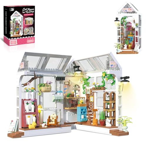 Cabeeskii Book Nook Blumenhaus Set, Bausteine Haus mit LED, Booknook Klemmbausteine als Geschenke für Erwachsene, Jungen und Mädchen ab 10 Jahren von Cabeeskii