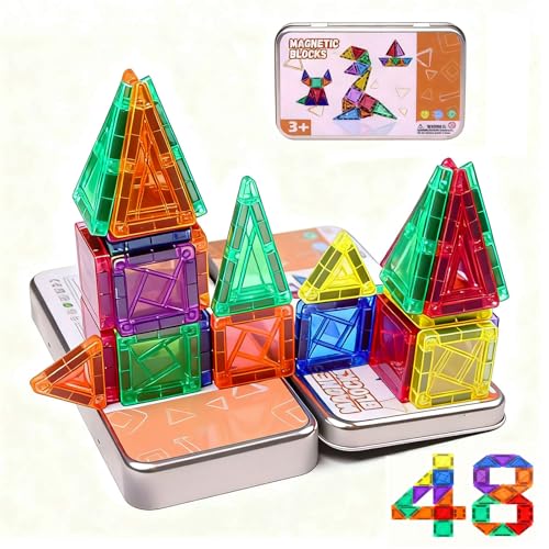 Cabeeskii Magnetische Bausteine für Kinder 48 Teile, Magnetische bausteine ab 3 Jahren, Kreative STEM Lernspielzeug mit Metalldose für Junge Mädchen von Cabeeskii