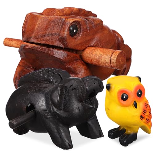 Cabilock 3 Stück Teiliges Holz Klangtiere mit Frosch Schwein Eule Handgefertigtes Holz Schlaginstrument Vielseitiges Percussion Musikinstrument und Dekoratives Holzkunstwerk für Zuhause von Cabilock