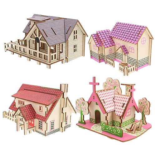 Cabilock 4 Stück Teiliges Holz Puzzle DIY Modellhaus Bausatz für Erwachsene und Kreative Bastelidee für Zuhause Büro und Kinderzimmer Sicherer Spielspaß aus Holz von Cabilock